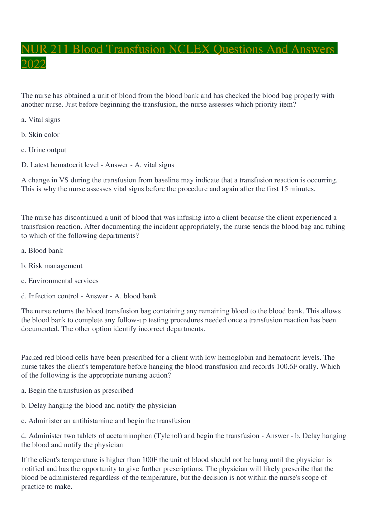 Preview of NUR 211 Blood Transfusion NCLEX Questions And Answers 2022
